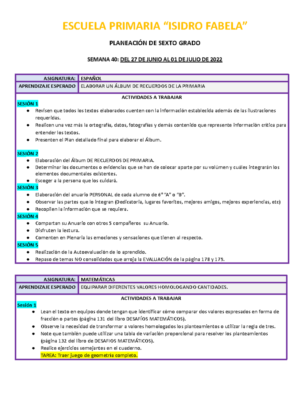 Semana 40 Del 27 De Junio Al 1 De Julio PlaneaciÓn De Sexto Grado Semana 40 Del 27 De Junio 7288