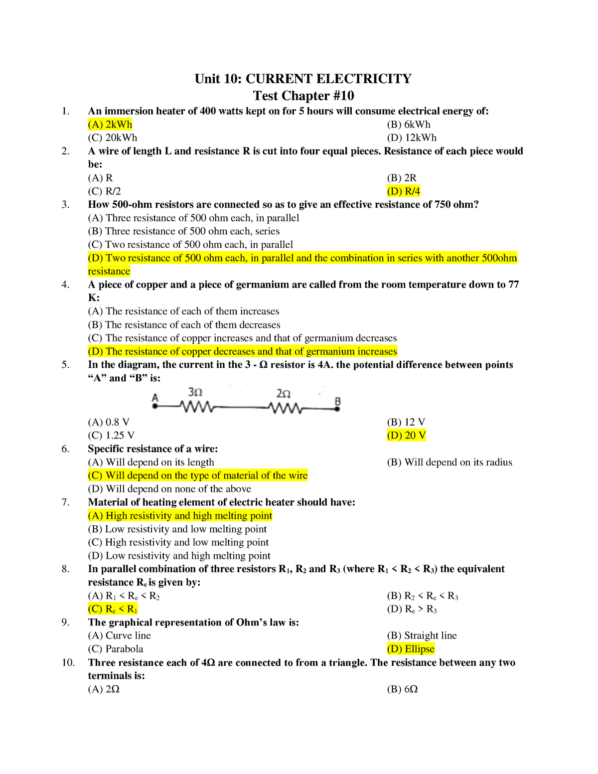 Chapter #10 - Unit 10: CURRENT ELECTRICITY Test Chapter An immersion ...