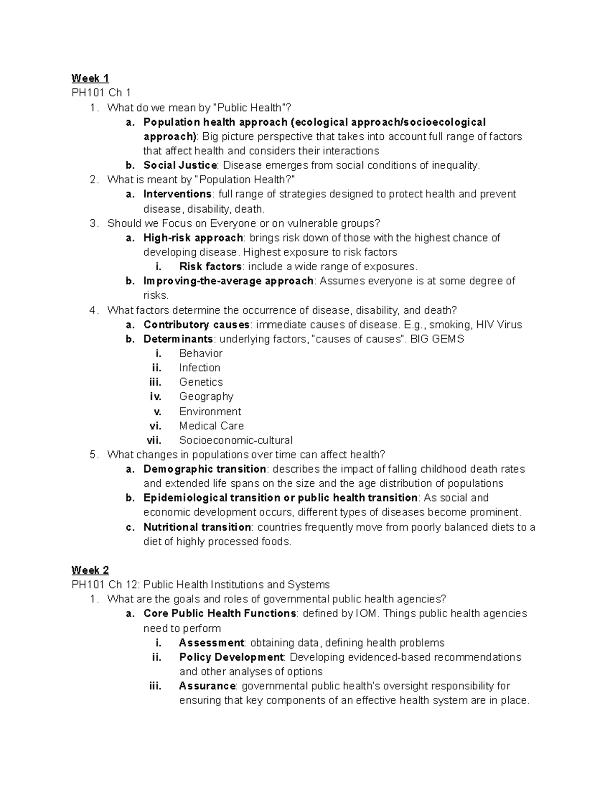 PUBH Midterm Reading Notes - Week 1 PH101 Ch 1 1. What do we mean by ...