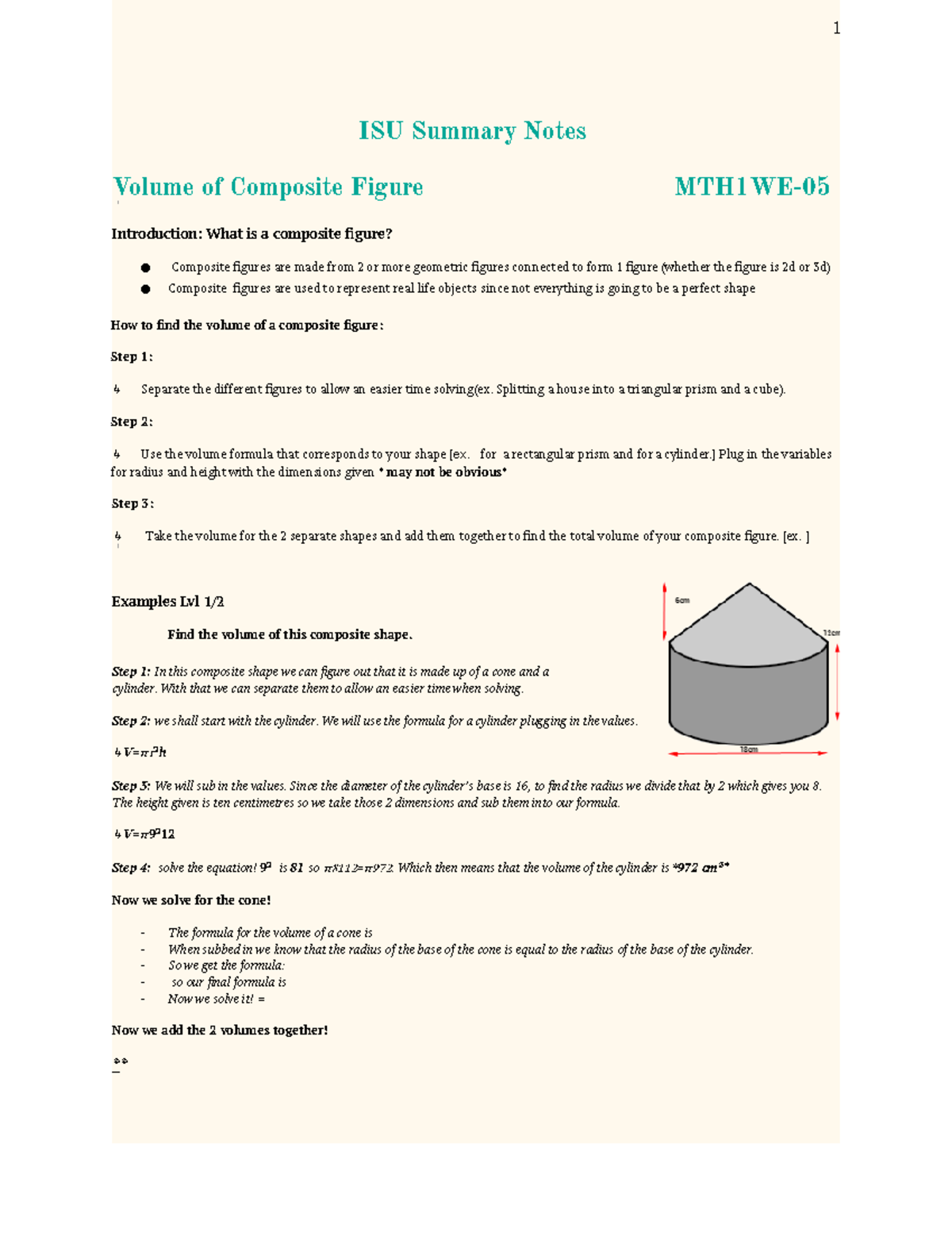 ISU Summary Notes - ISU Summary Notes Volume of Composite Figure MTH1WE ...