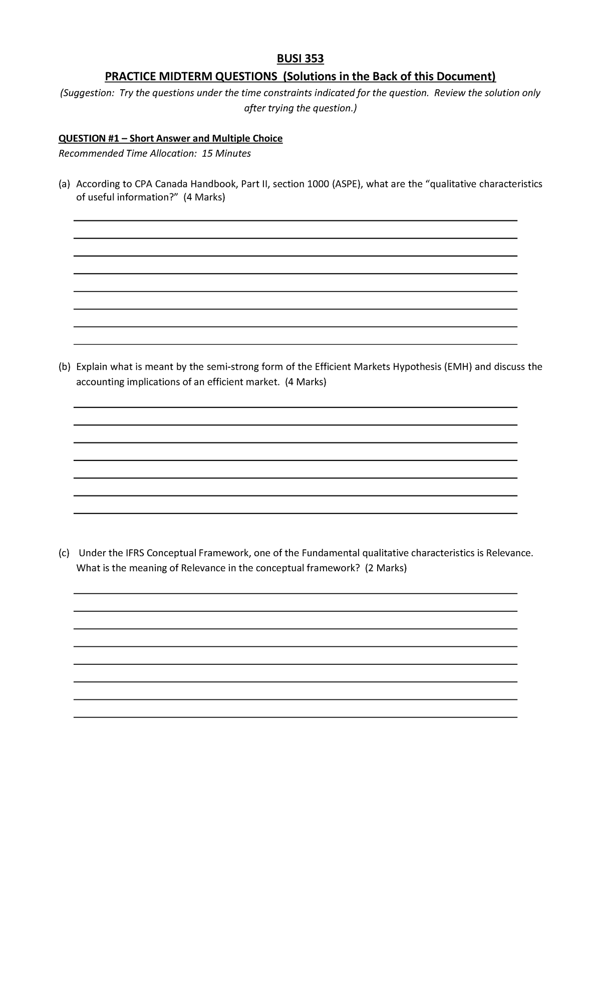 Practice Midterm Questions May 2020 First with Solutions v4 - BUSI 353 ...