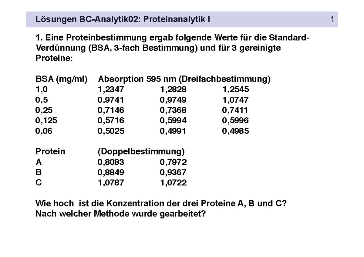 Loesungen Bc Analytik Proteinanalytik I Eine Proteinbestimmung