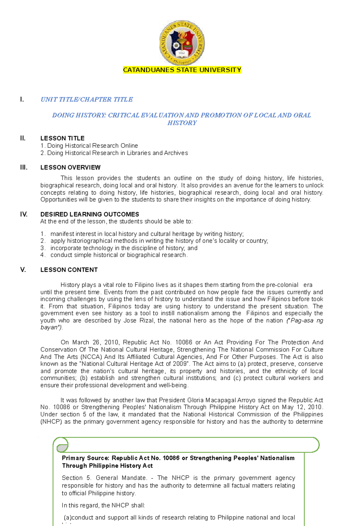 Module-3 history - I. UNIT TITLE/CHAPTER TITLE DOING HISTORY: CRITICAL ...