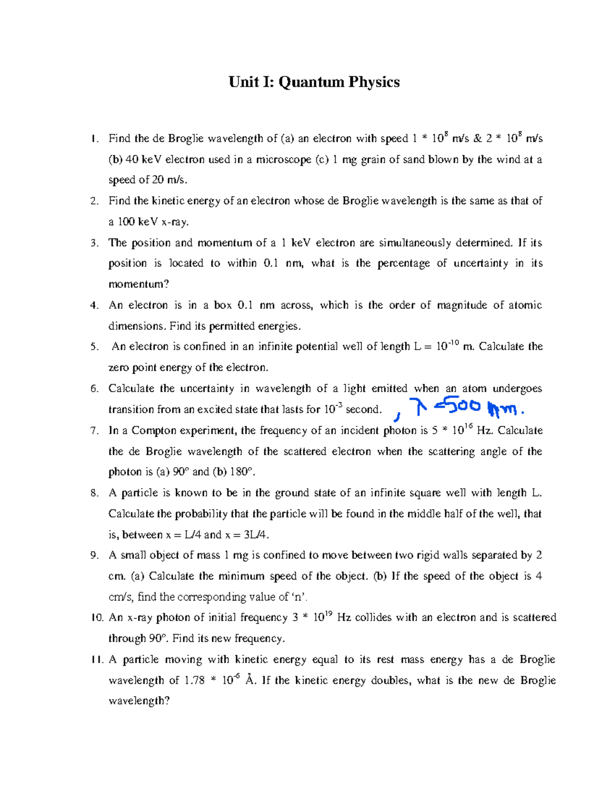 QM Numericals - sums - Unit I: Quantum Physics Find the de Broglie ...