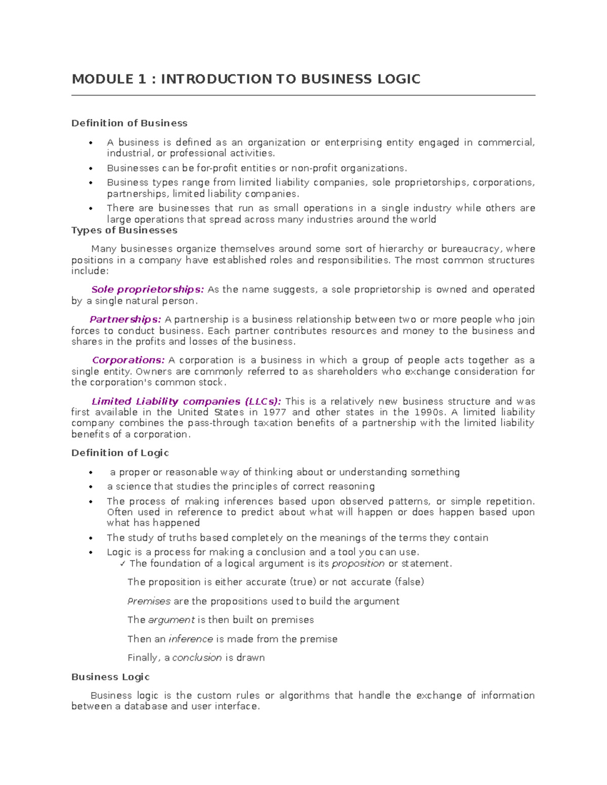 Business Logic Lecture Notes MODULE 1 INTRODUCTION TO BUSINESS