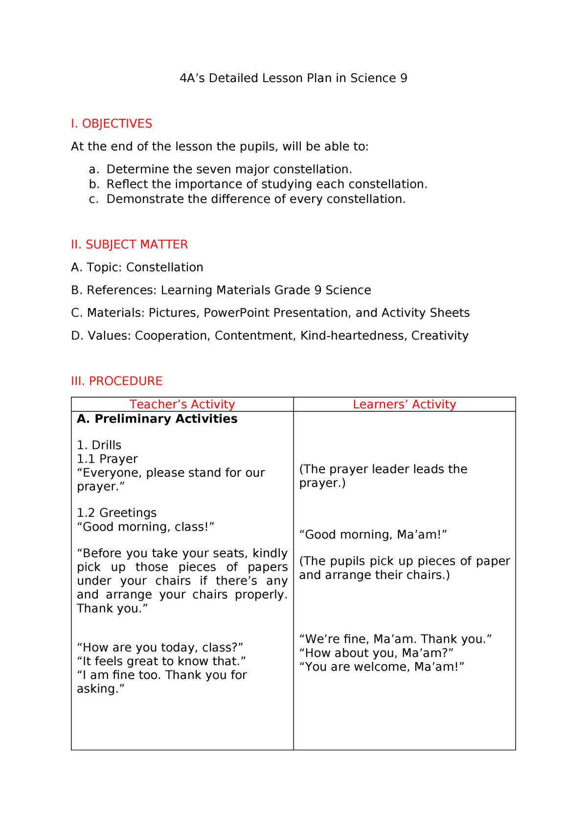 4as Detailed Lesson Plan By Novem A Urot 4a’s Detailed Lesson Plan In Science 9 I Objectives