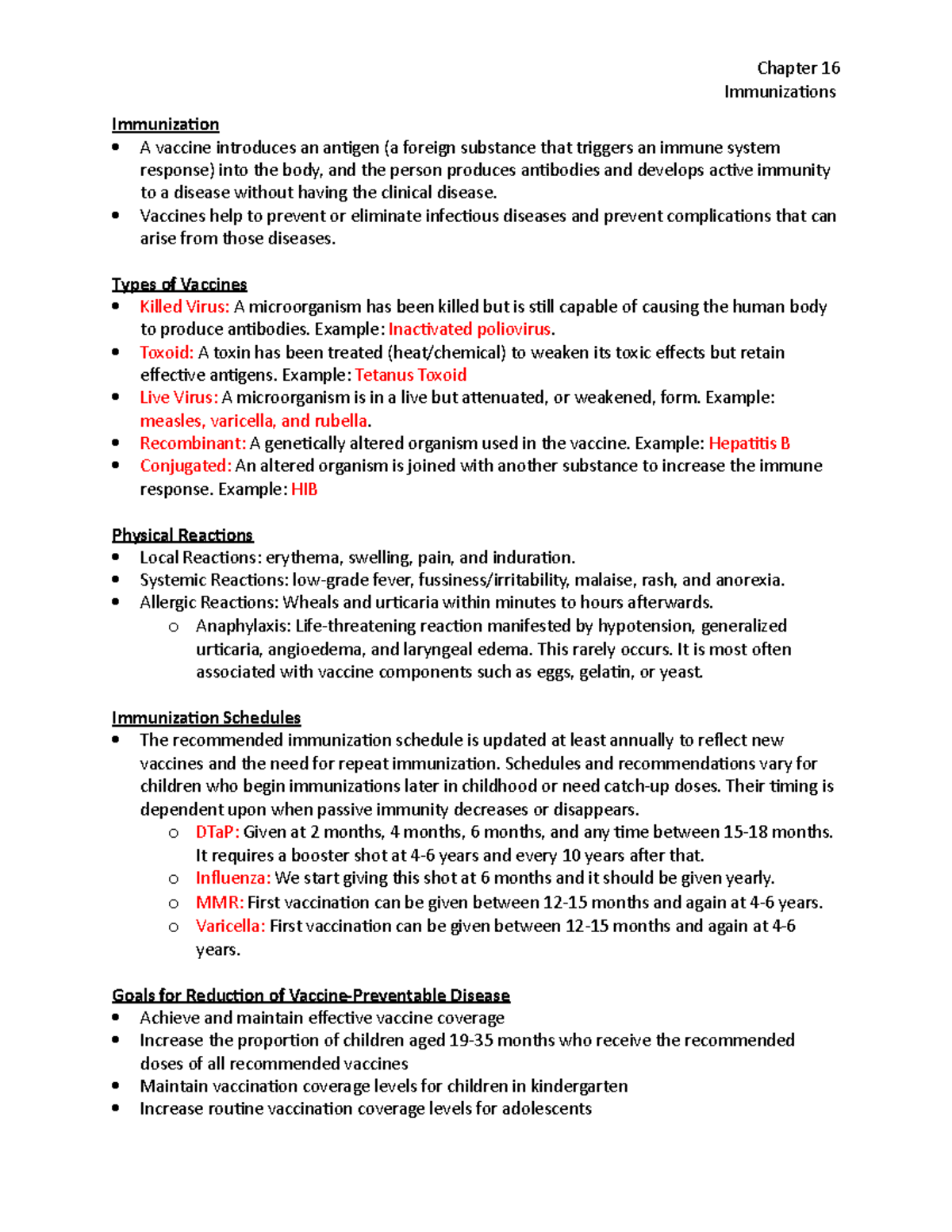 Immunization Outline - Exam 1 Notes Course taught by Jennifer Schmitz ...