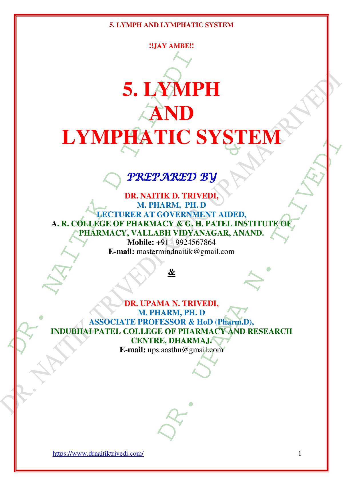 Lymphatic System Human Physiology And Anatomy - DR. NAITIK D TRIVEDI ...