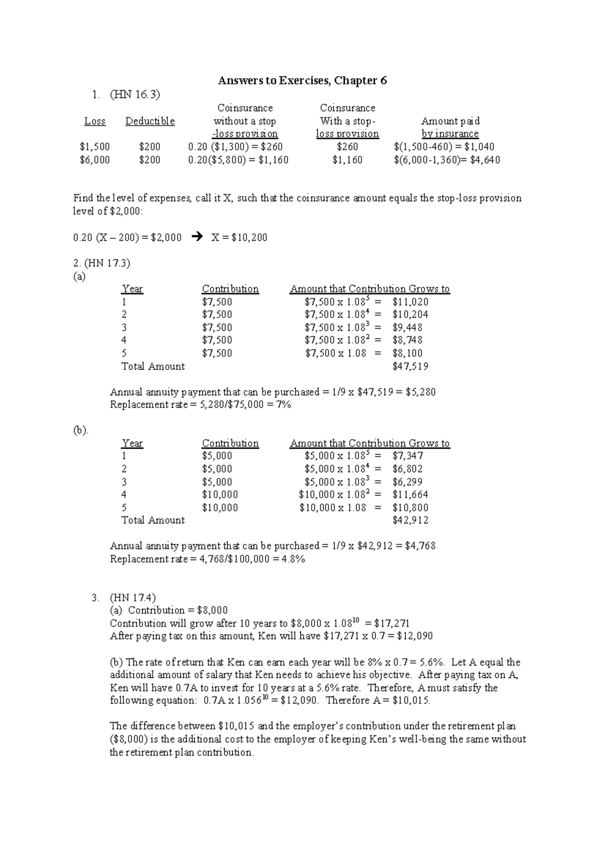 Answers to Exercises Chapter 6 (HN 16) Loss Deductible Coinsurance