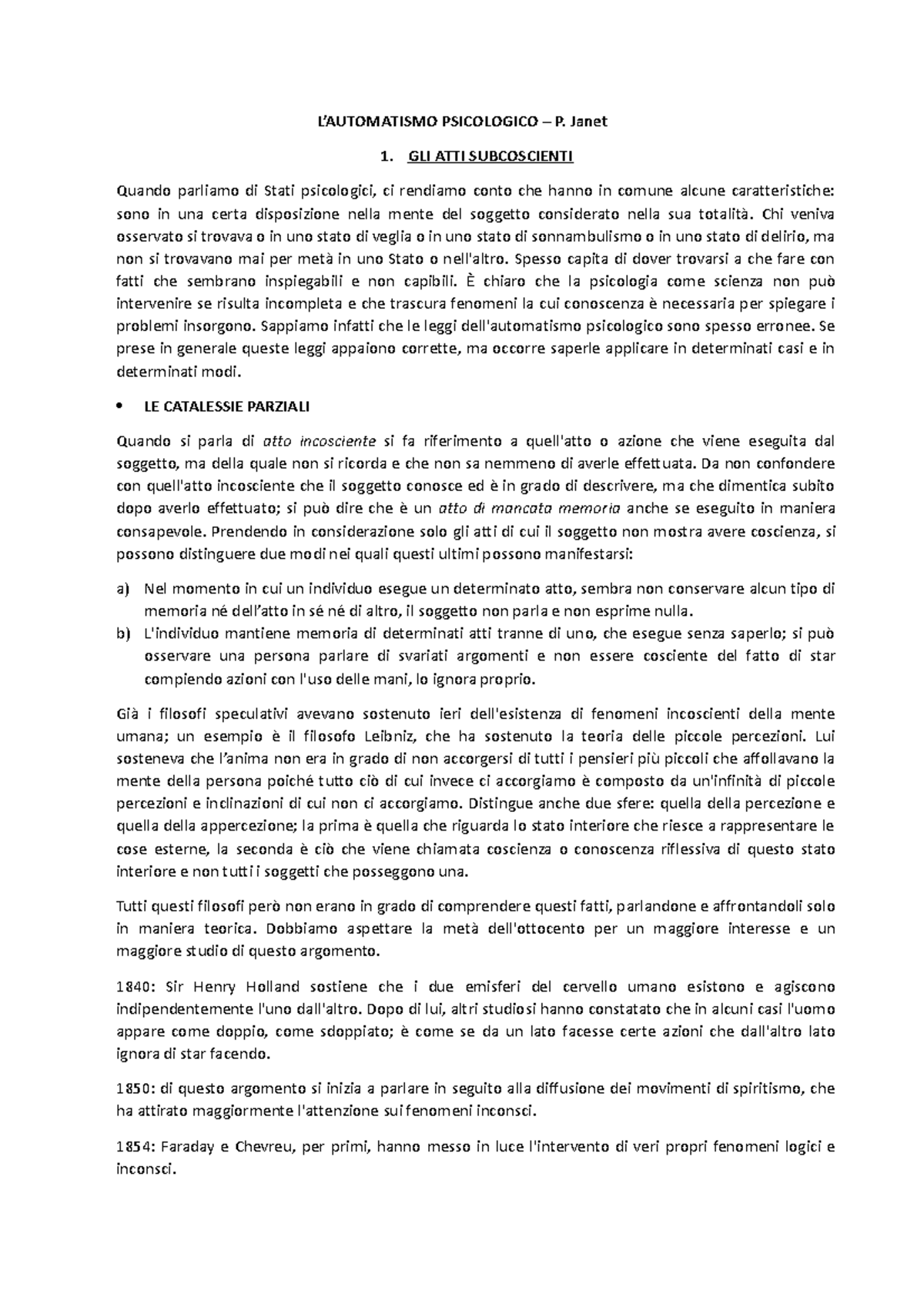 Janet - L'automatismo psicologico riassunto - L’AUTOMATISMO PSICOLOGICO ...