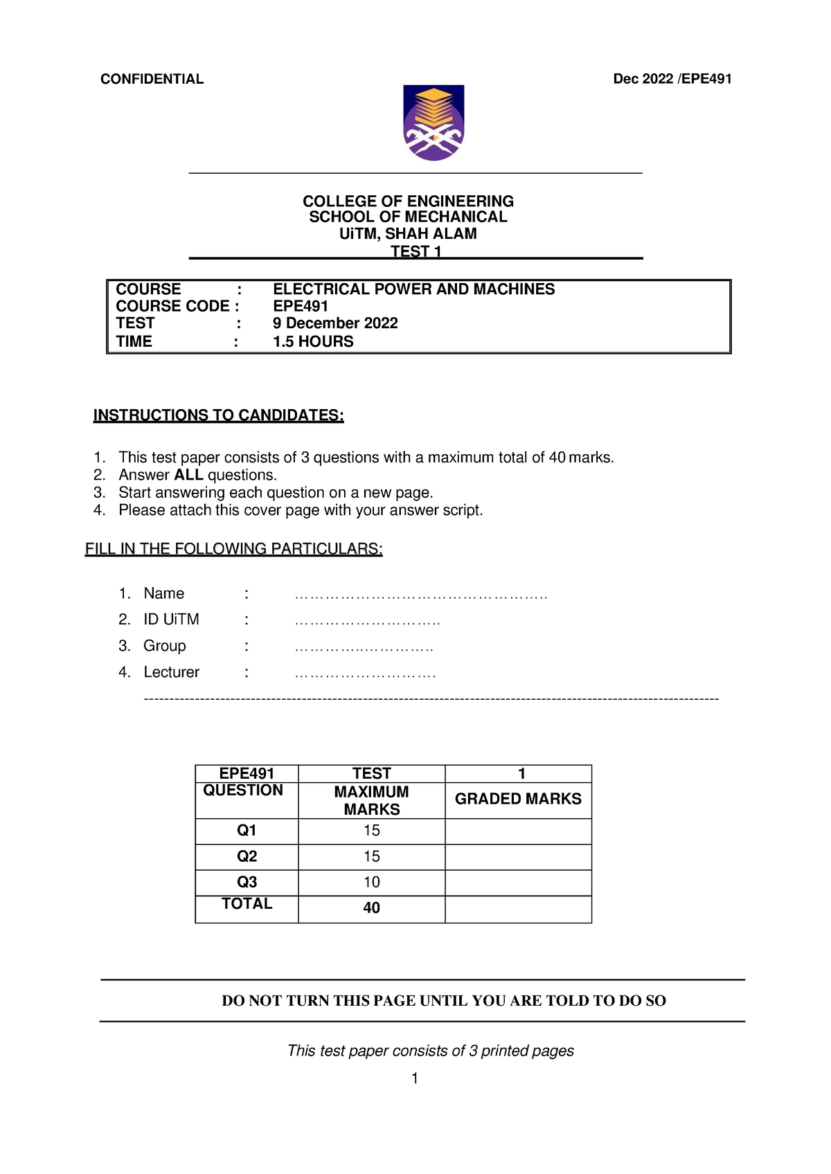 Test 1 EPE491-081222 Question - CONFIDENTIAL Dec 2022 /EPE 1 COLLEGE OF ...