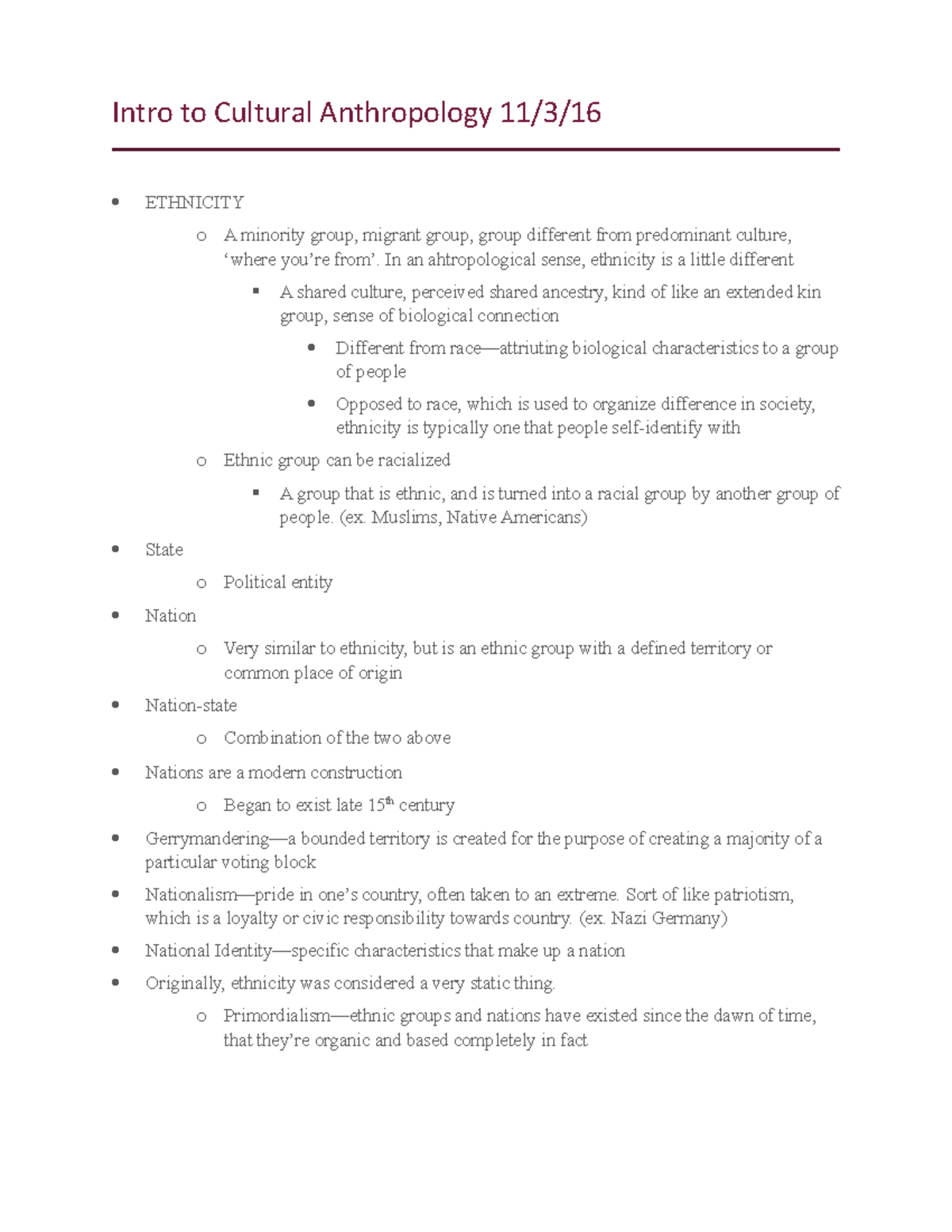 Anthro notes 11:3:16 - Intro to Cultural Anthropology 11/3/ ETHNICITY o ...