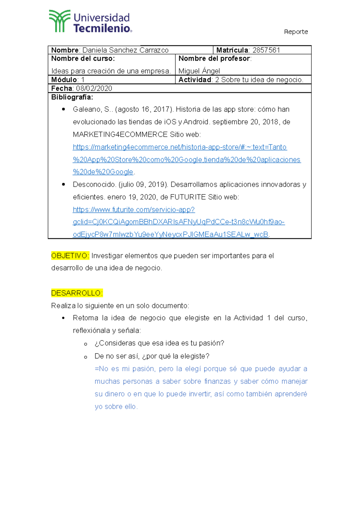 Actividad 2 ideas para creacion de empresa - Reporte Nombre : Daniela ...
