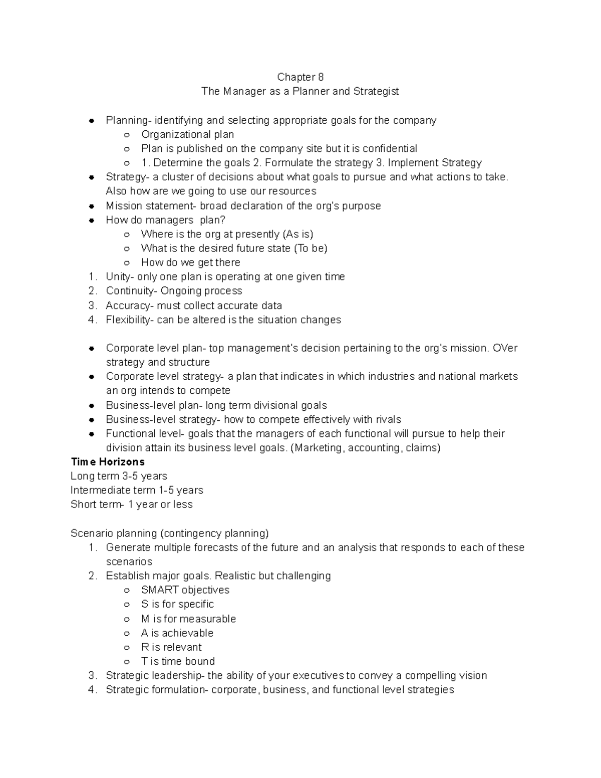 MGT201 chp 8 - Lecture notes 8 - Chapter 8 The Manager as a Planner and ...