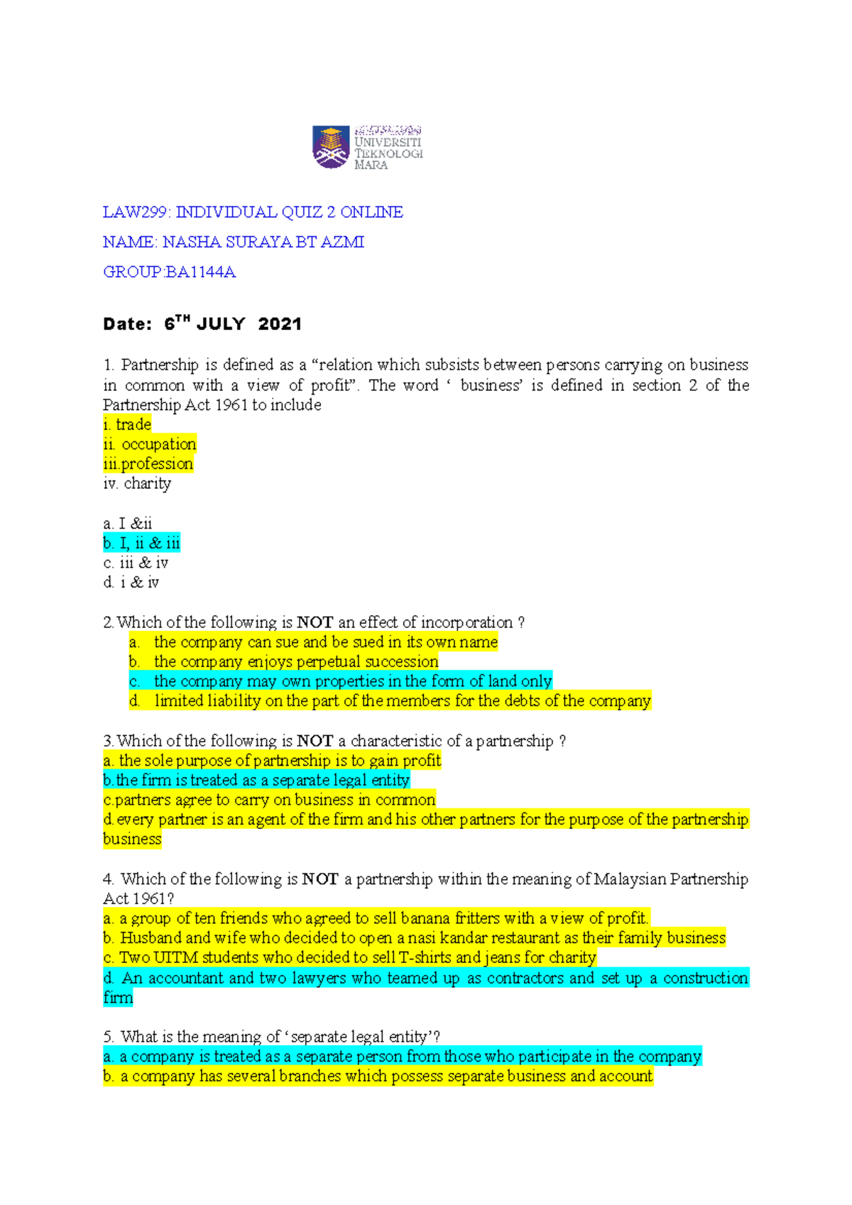 Individual QUIZ 2 LAW 299 (march-august 2021) - LAW299: INDIVIDUAL QUIZ ...