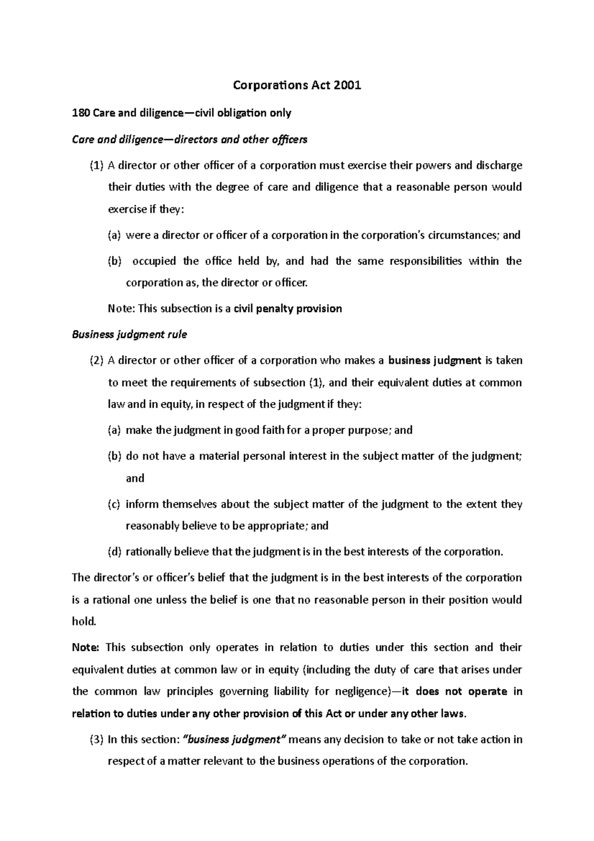 Corporations Act 2001 Corporations Act 2001 180 Care and diligence