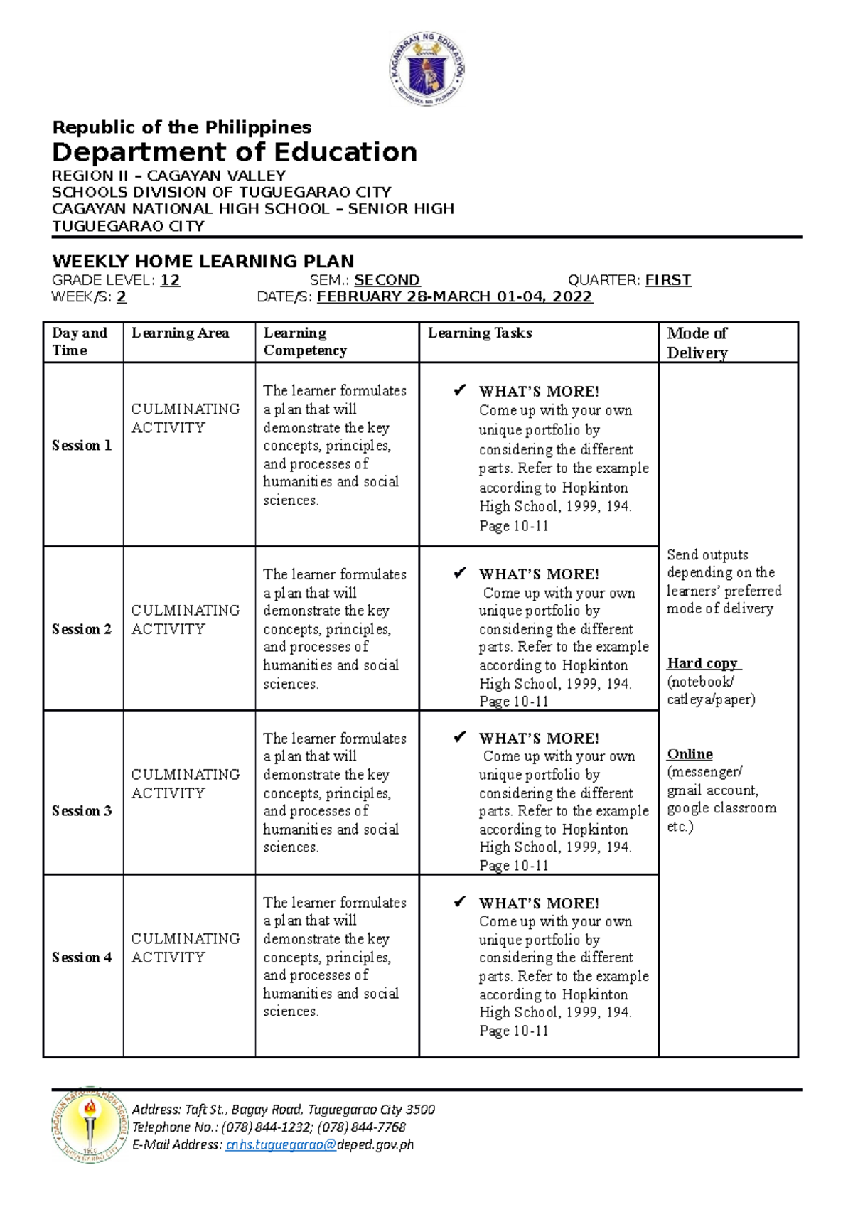 W2 CNHS-SH Grade 12 Culminating- Activity - Republic of the Philippines ...