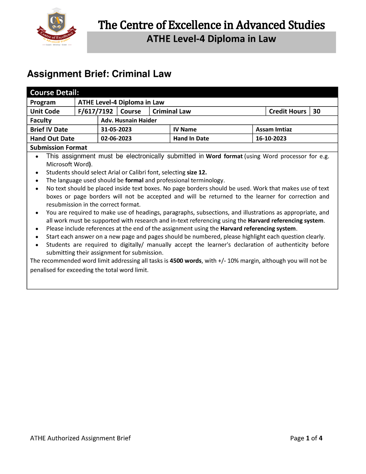 example of criminal law assignment