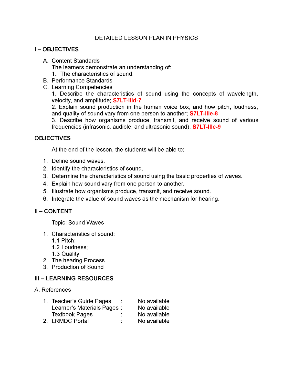 DLP sound Detailed Lesson Plan DETAILED LESSON PLAN IN PHYSICS I 