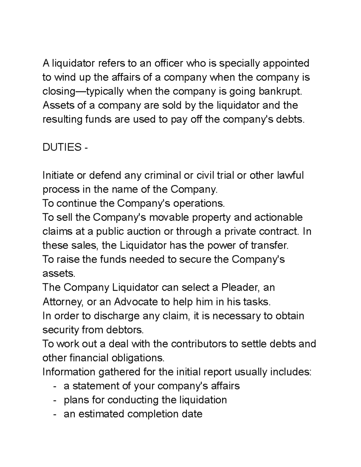 CA Assignment Who is a liquidator and his duties A liquidator