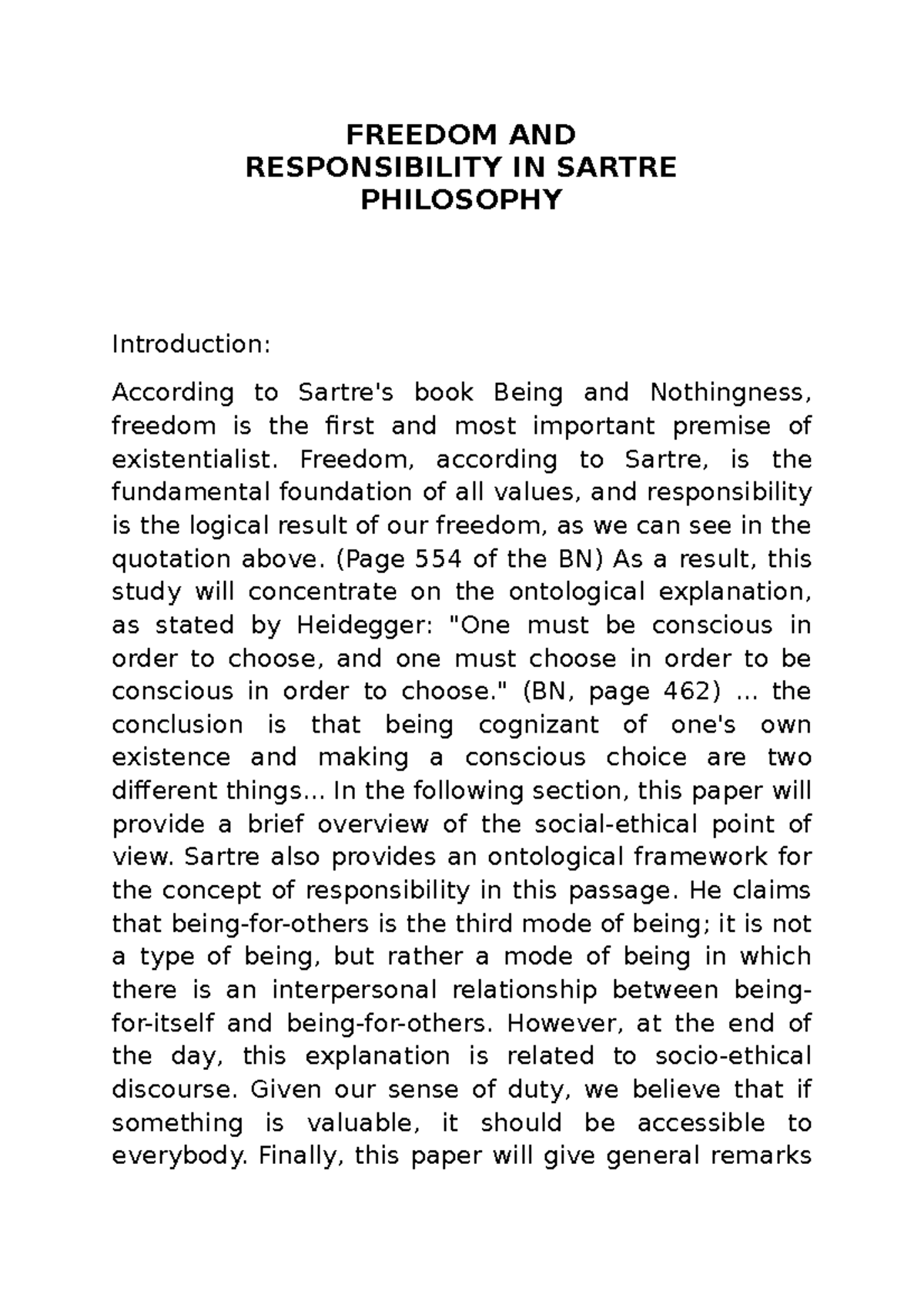Freedom AND Responsibility IN Sartre Philosophy - FREEDOM AND ...