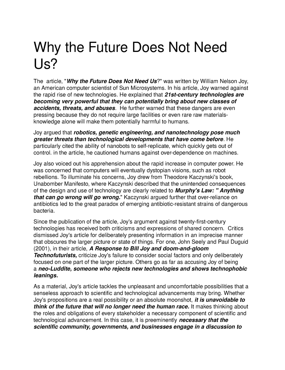essay about why the future doesn't need us