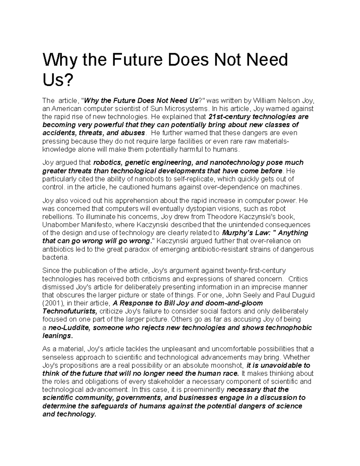 essay about why the future doesn't need us