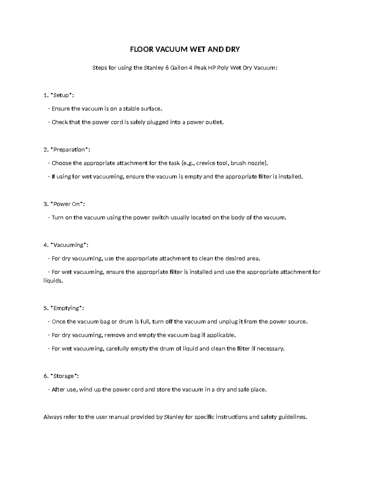Housekeeping Vacuum Procedure AND Parts - FLOOR VACUUM WET AND DRY ...