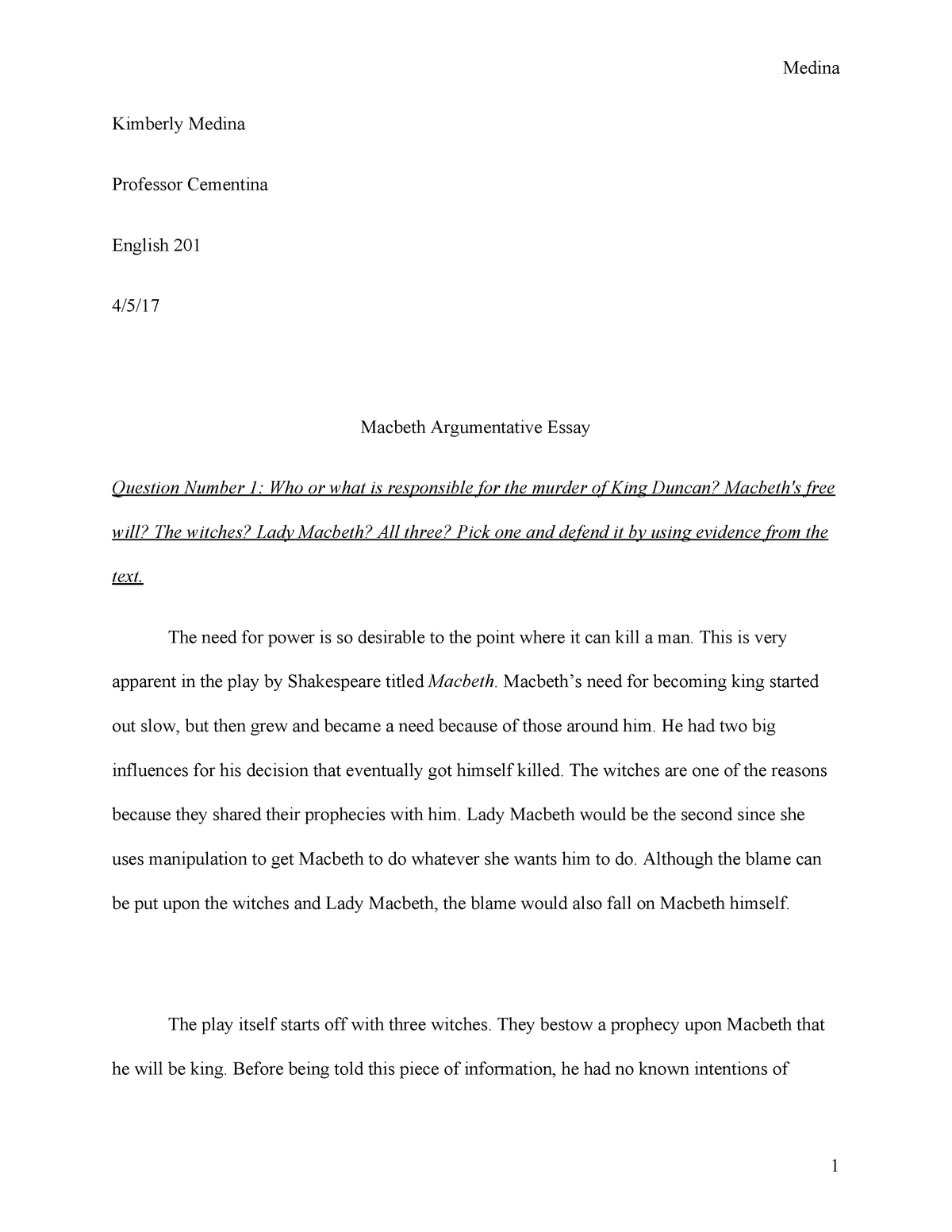 English Essay - Shakespeare - Argumentative Essay On Macbeth - ENG