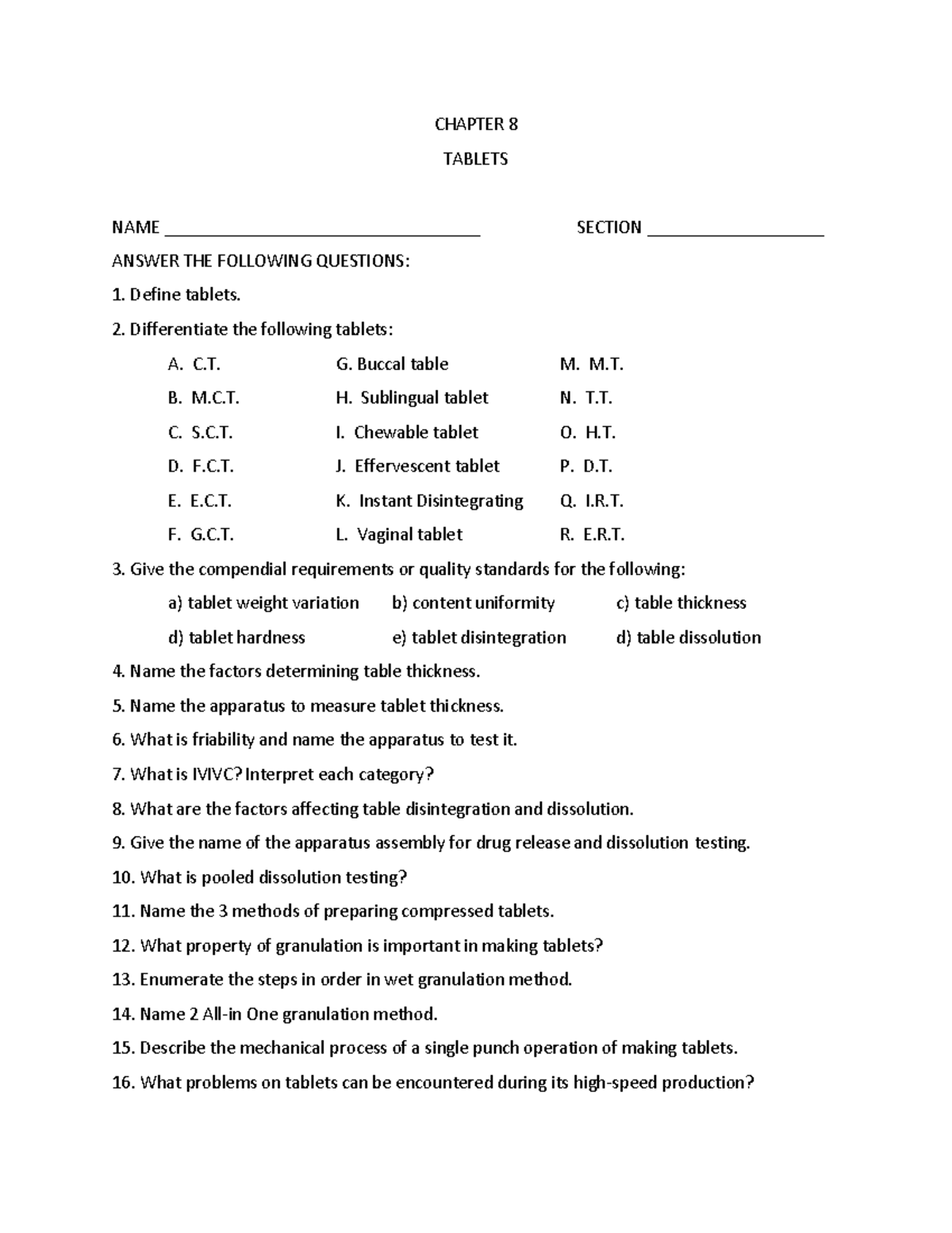 8 Tablets - Lecture notes all pages - CHAPTER 8 TABLETS NAME