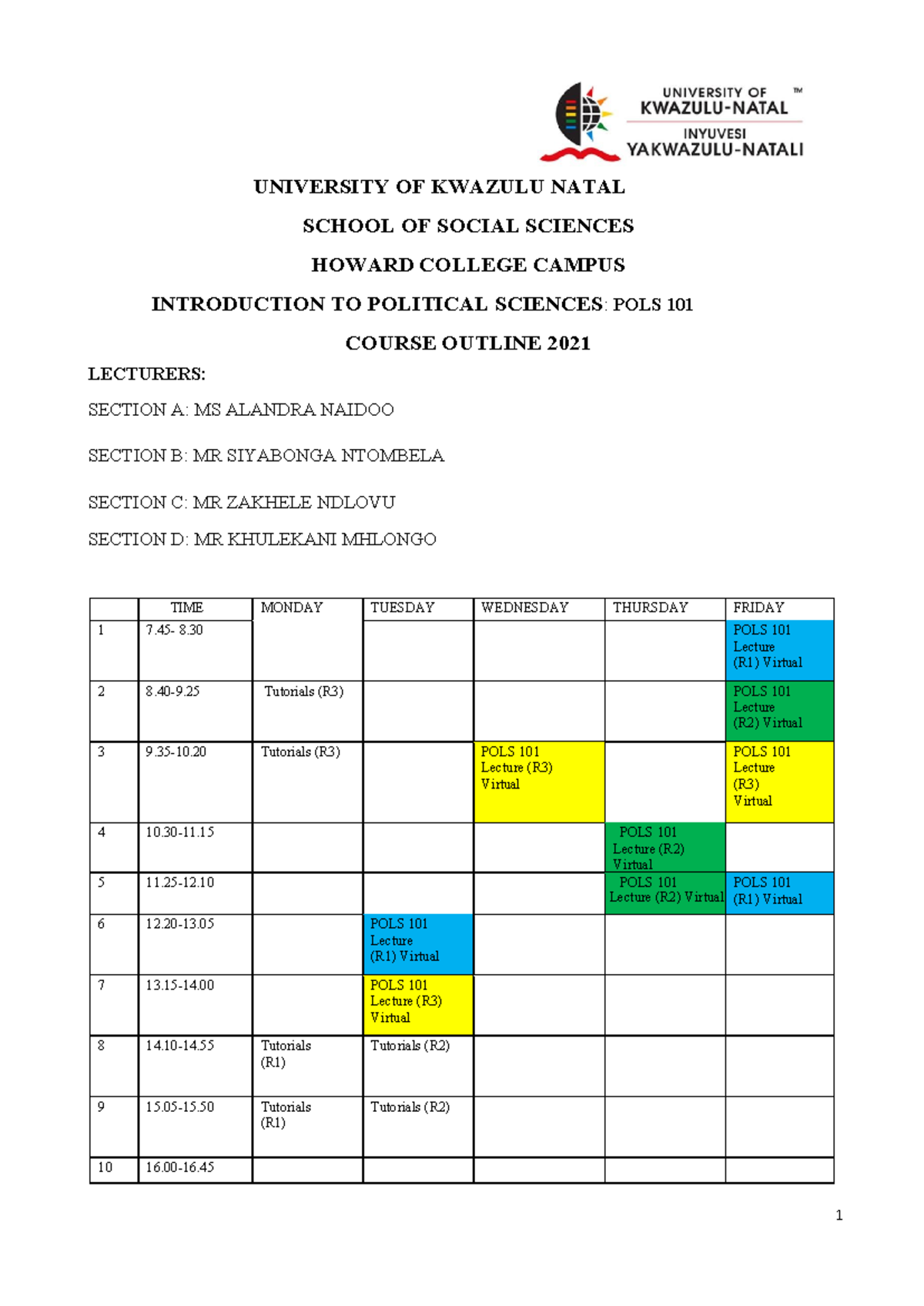POLS101 2021 Course Outline - UNIVERSITY OF KWAZULU NATAL SCHOOL OF ...