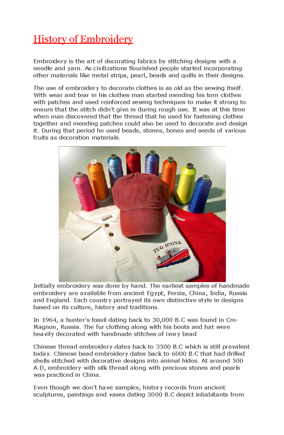 Embroidery History Basic lecture notes History of Embroidery