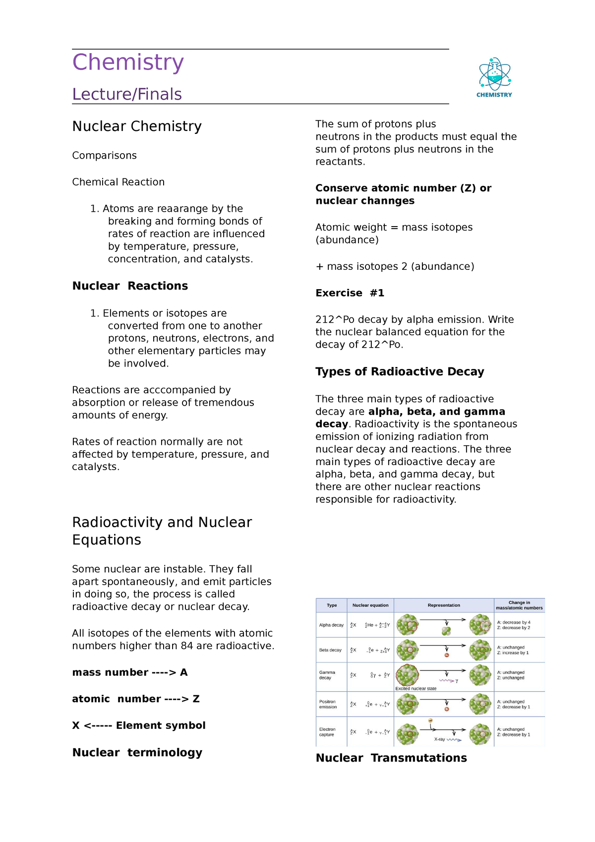 Nuclear Chemistry Notes - Lecture/Finals Nuclear Chemistry Comparisons Chemical Reaction Atoms ...