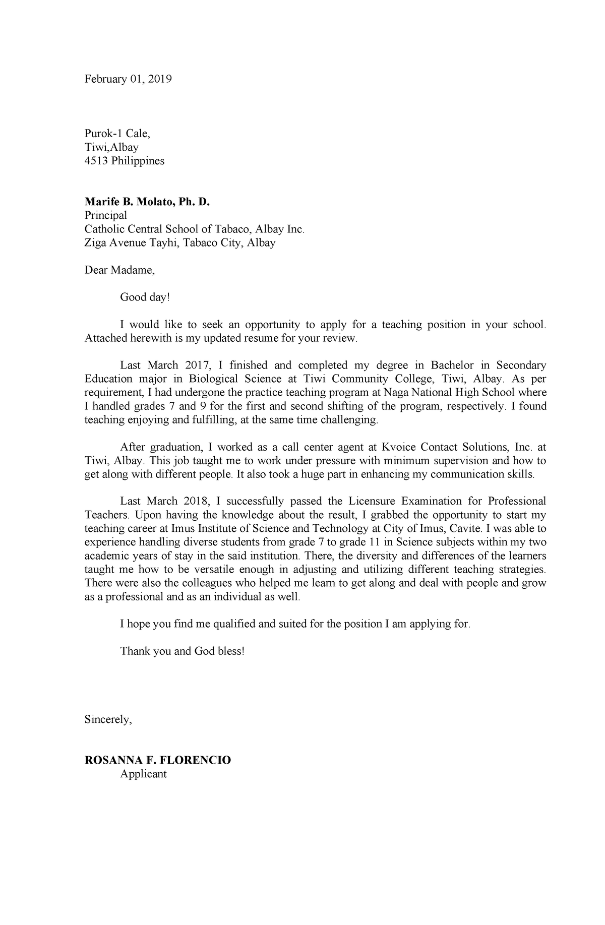 App Lett - Application letter - February 01, 2019 Purok-1 Cale, Tiwi ...