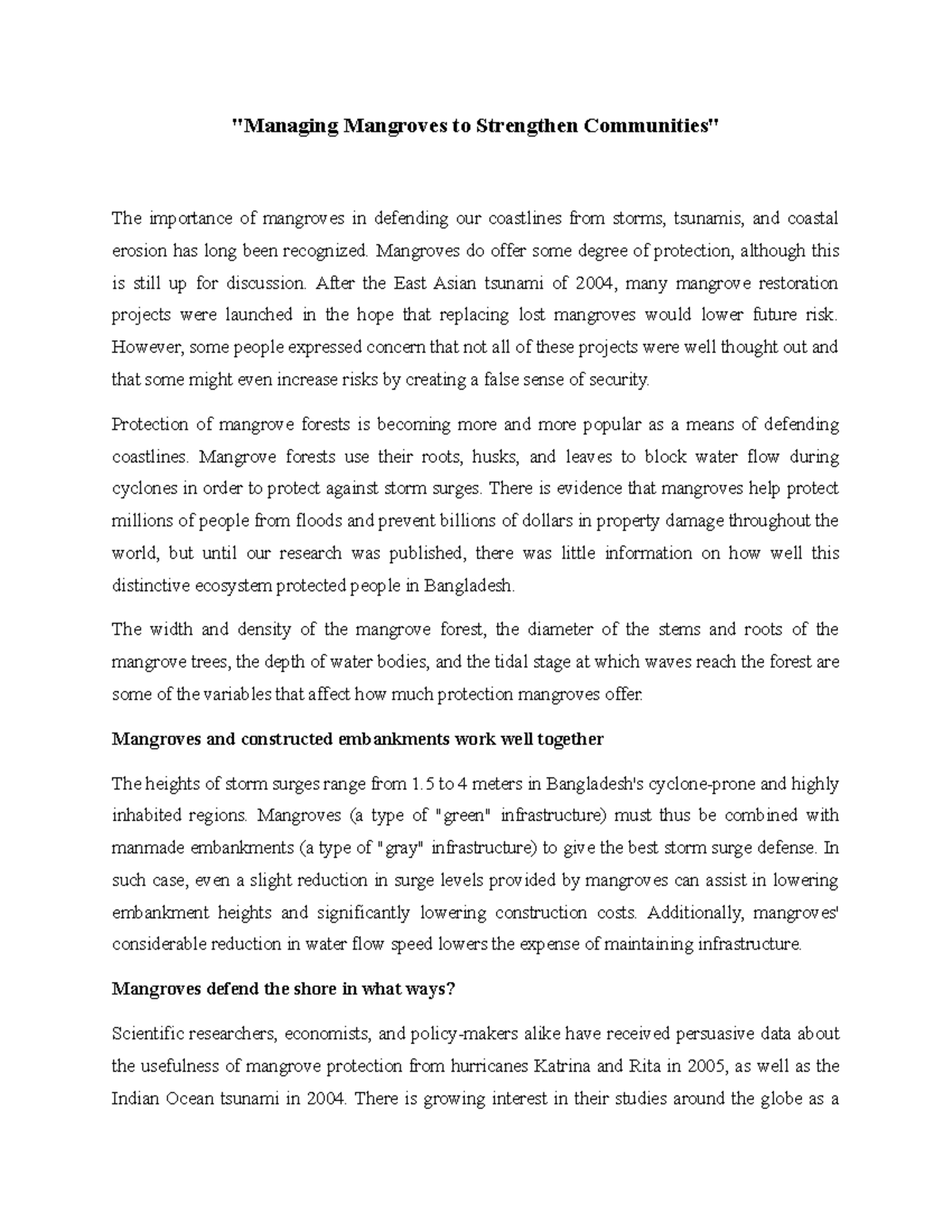 Paper 1 example of assignment. "Managing Mangroves to Strengthen