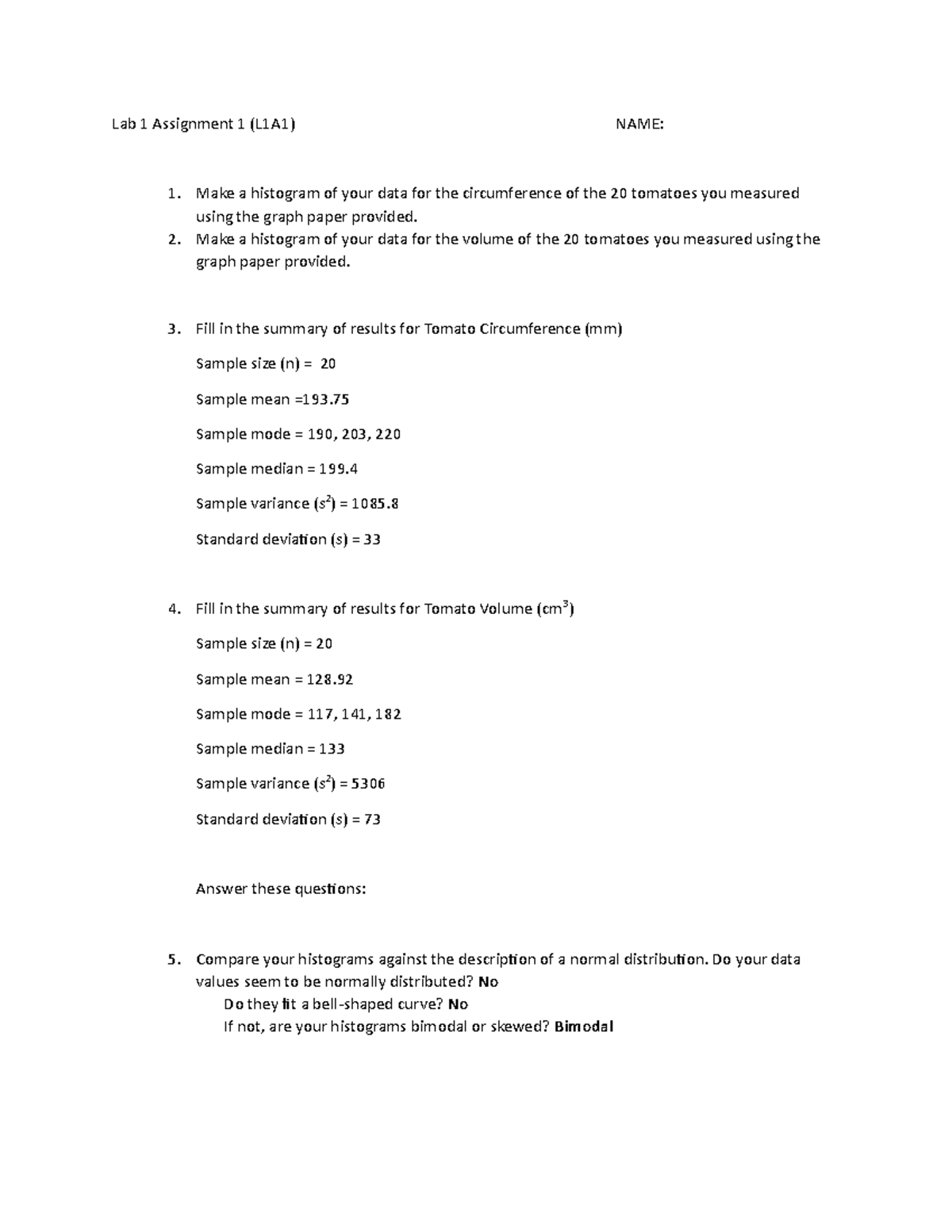 BIOL1108 - Assignments - Lab 1 Assignment 1 (L1A1) NAME: Make a ...