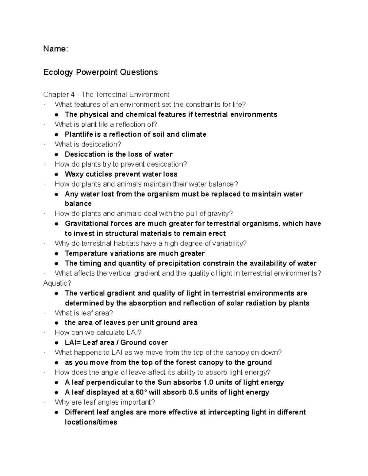 Ecology Chapter 4 Assignment - Name: Ecology Powerpoint Questions ...