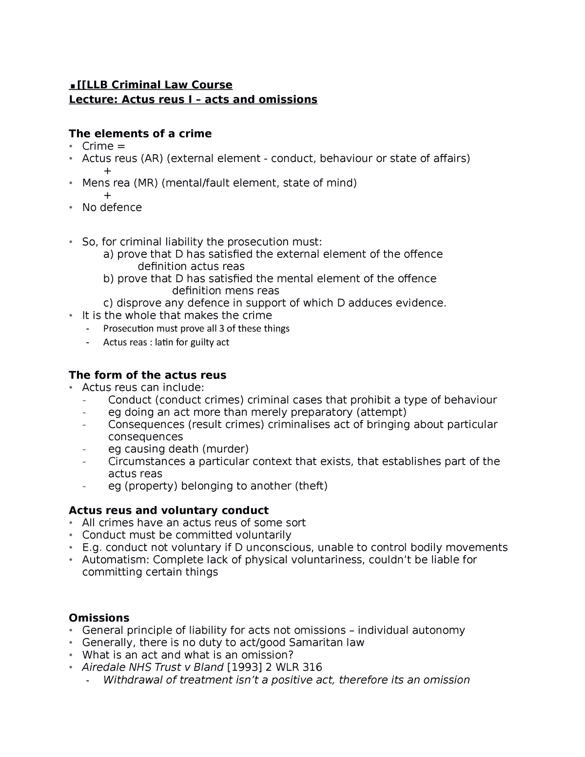 Actus Reas 1 - Lecture Notes - . [[LLB Criminal Law Course Lecture ...