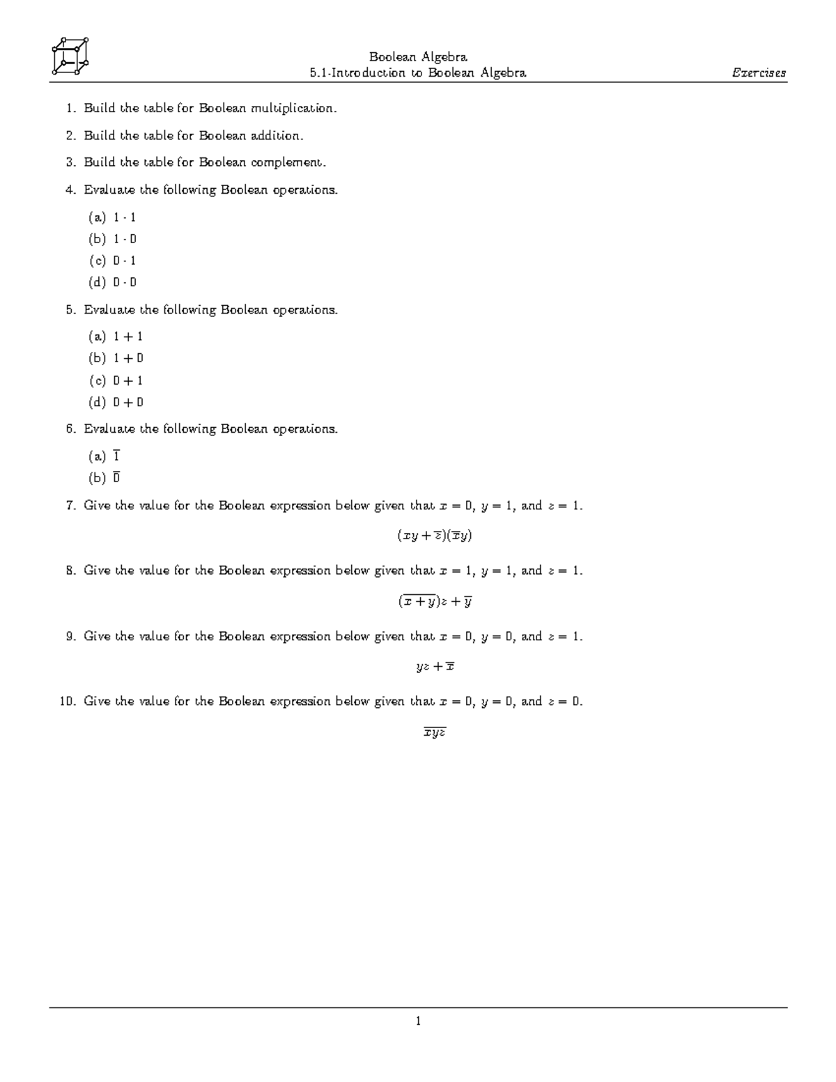 5 - Practice - Boolean Algebra 5-Introduction to Boolean Algebra ...