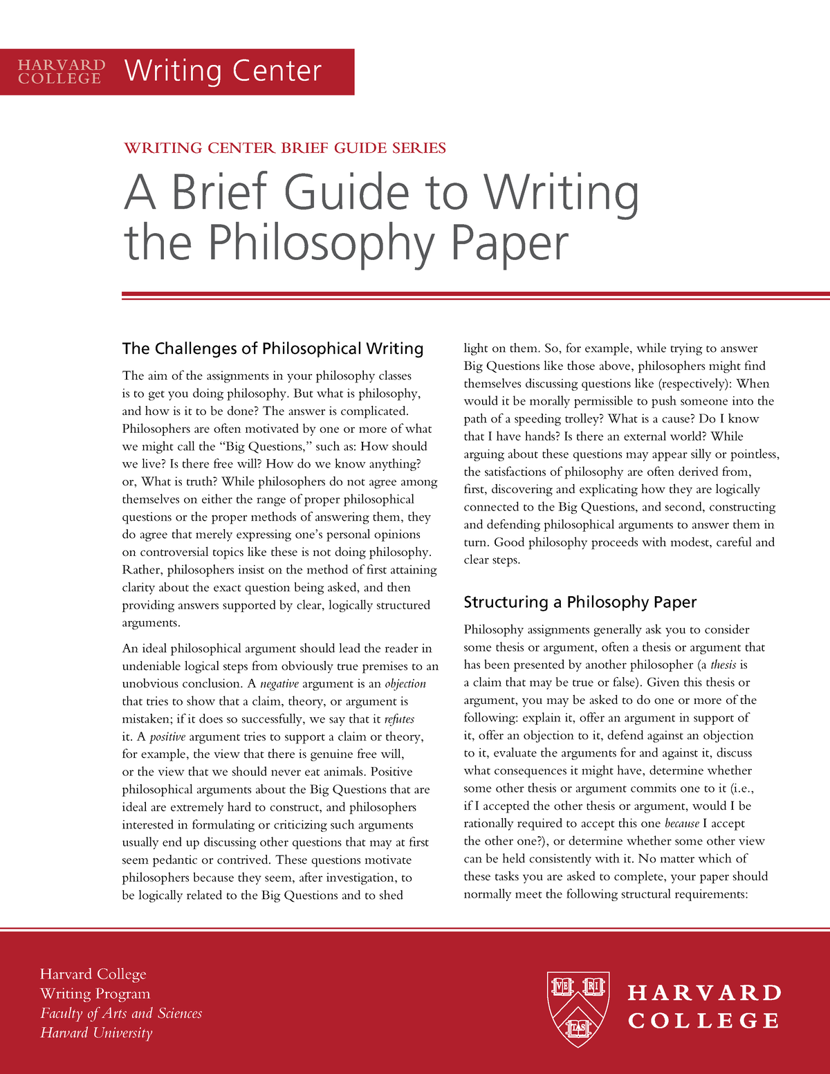 Brief Guide To Writing Philosophy Paper - HARVARD COLLEGE Writing ...