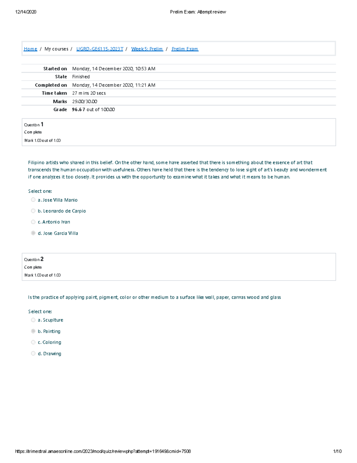 Prelim Exam Attempt review 2 - Home/My courses/ UGRD-GE6115-2023T/ Week ...