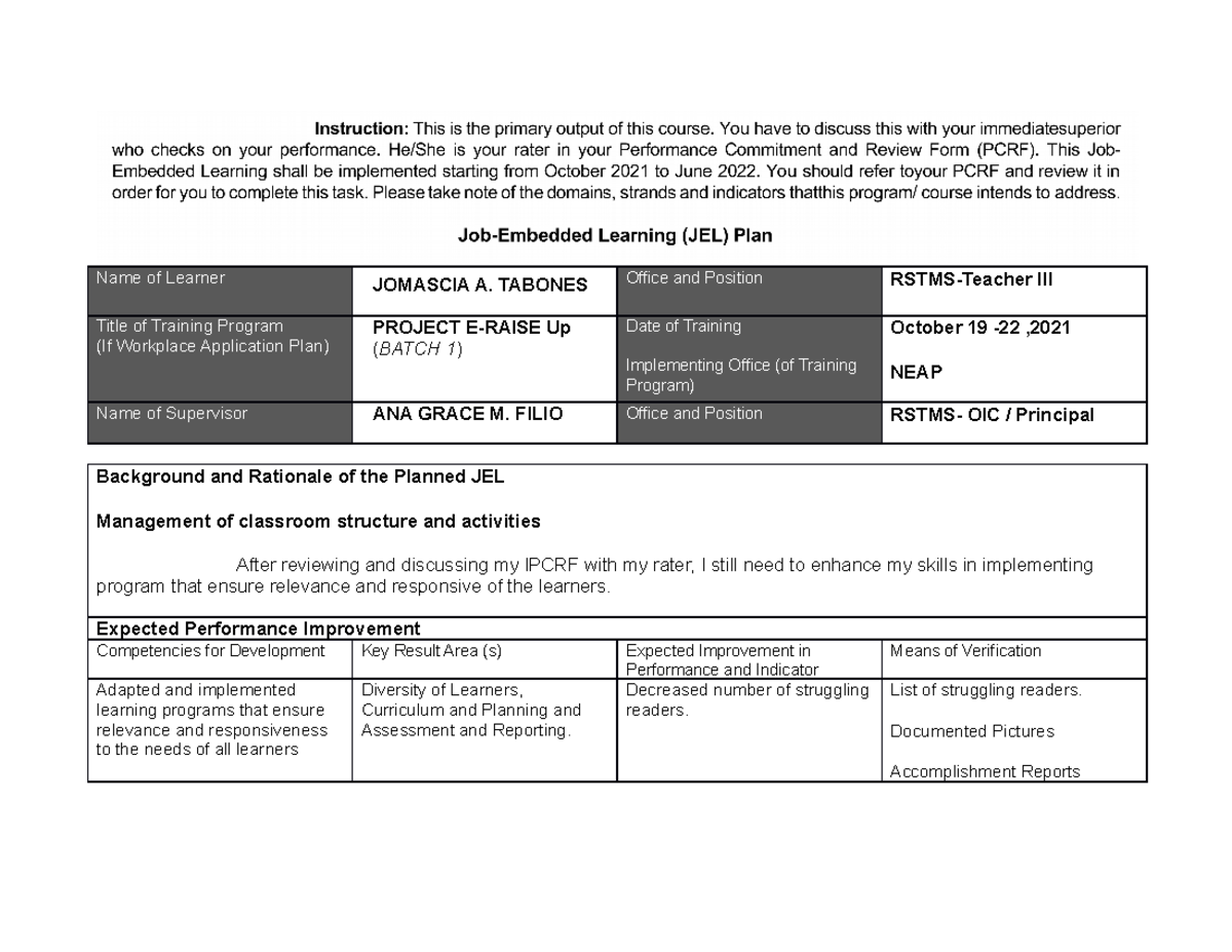 Tabones JEL PLAN B1 - education - Name of Learner JOMASCIA A. TABONES ...