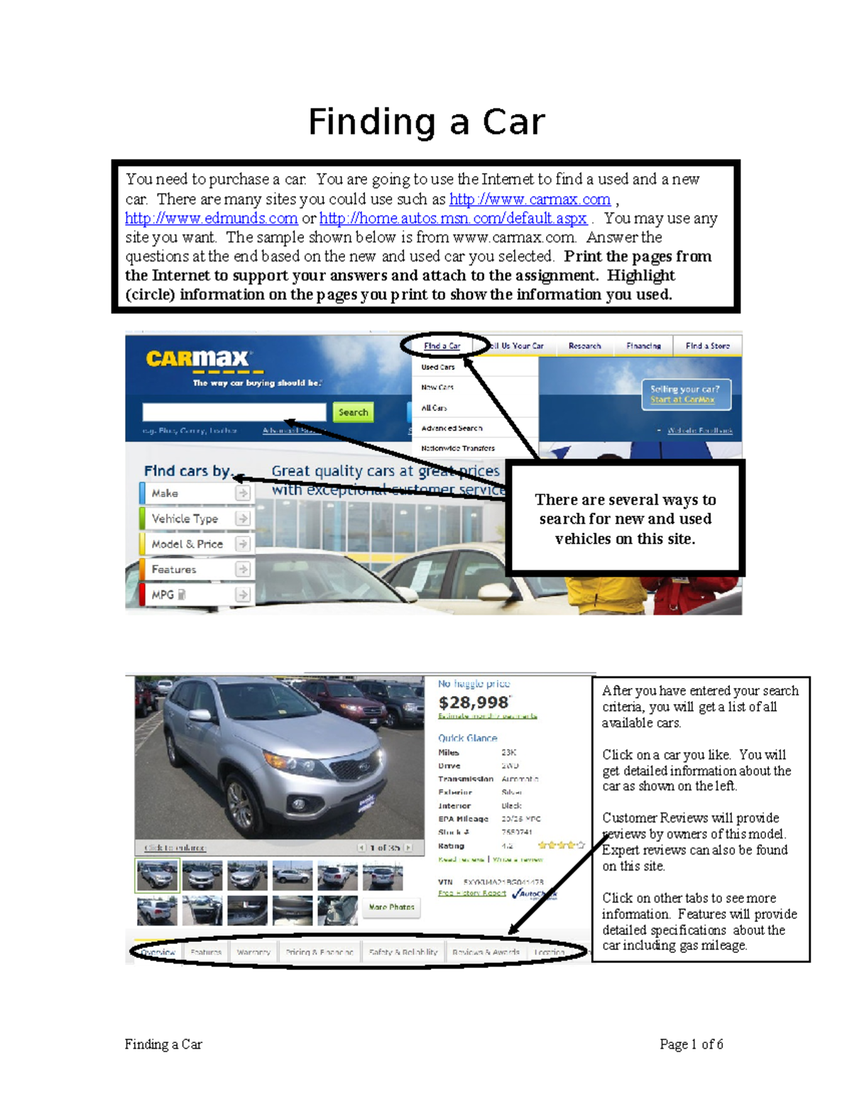 Finding a Car Notes. Worksheet Finding a Car You need to purchase a