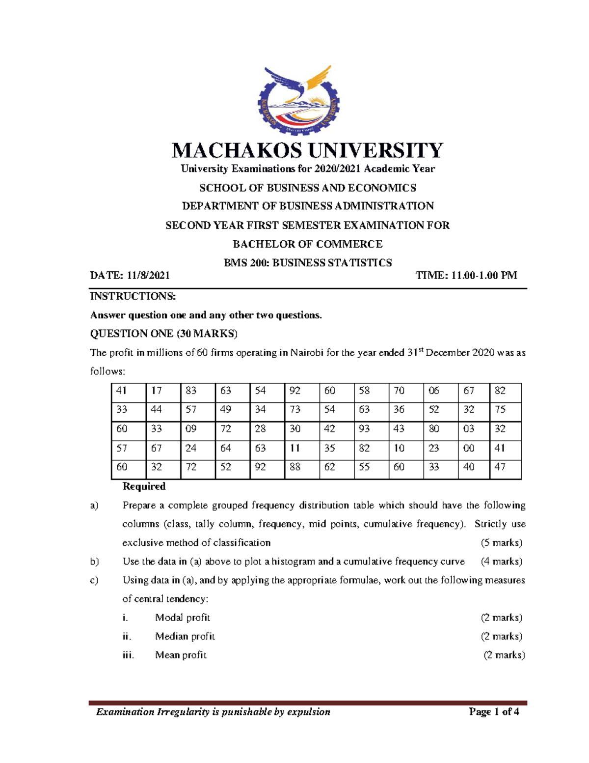 BMS 200 Business Statistics - MACHAKOS UNIVERSITY University ...