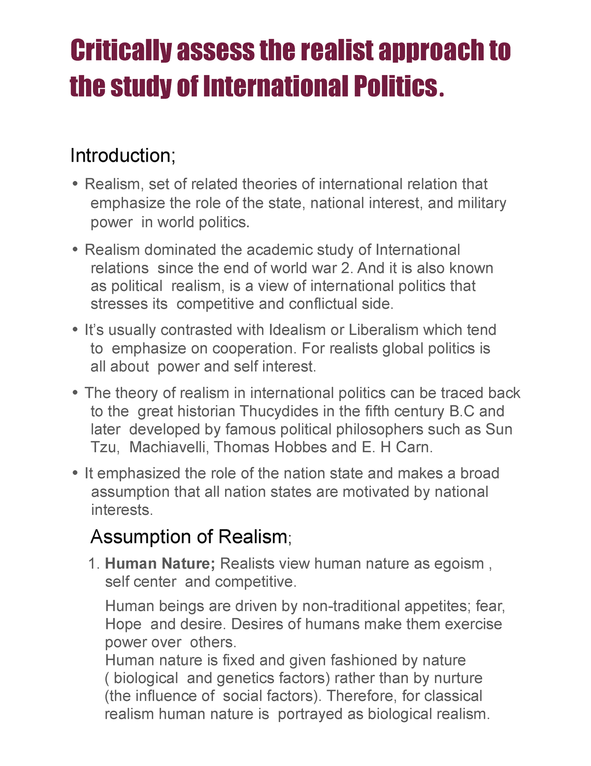 Realism International Relations Critically Assess The Realist 