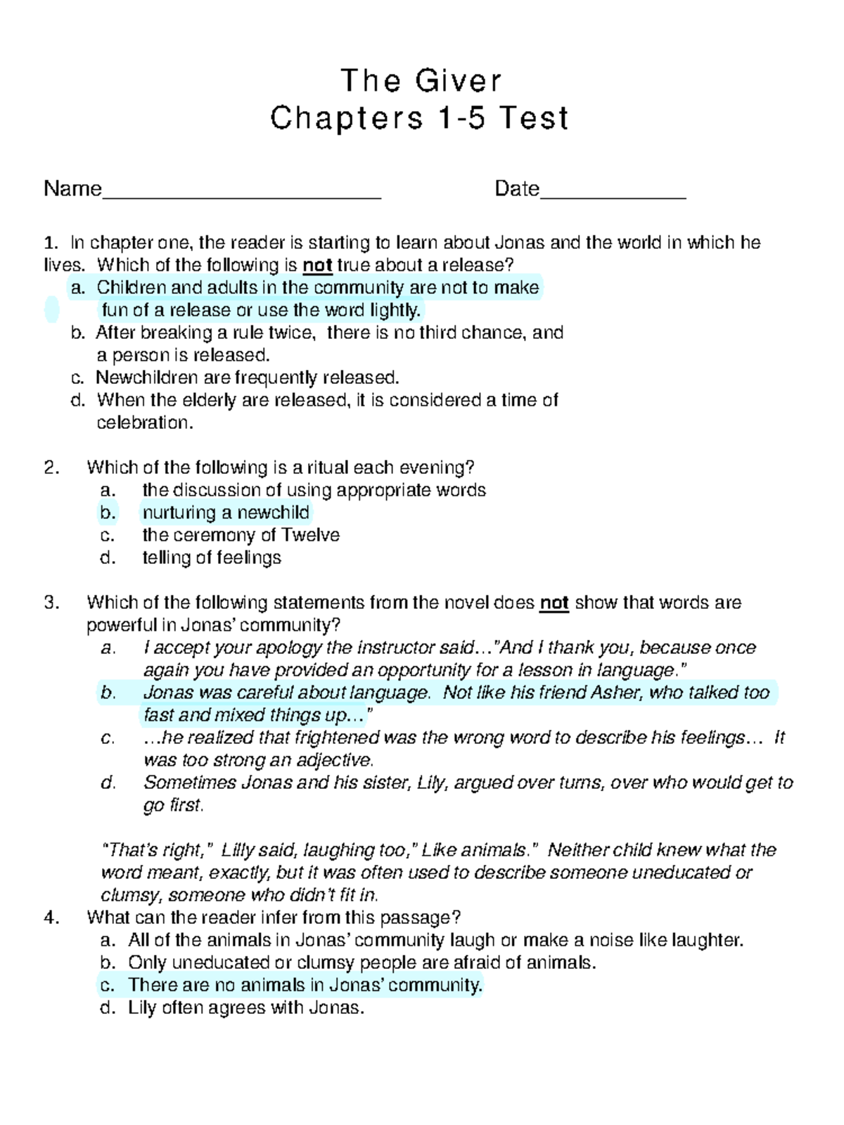 Giver+Test+-+Chapters+1-5 - The Giver Chapters 1-5 Test Name ...
