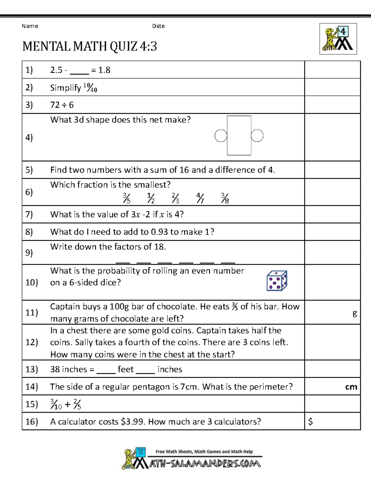 Mental math 4th grade 3 - Math - Name Date MENTAL MATH QUIZ 4: 1) 2 ...