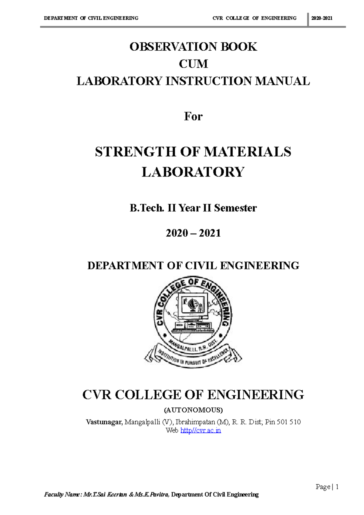 Strength of Materials Lab Manual TSK & KP 202021 DEPARTMENT OF CIVIL
