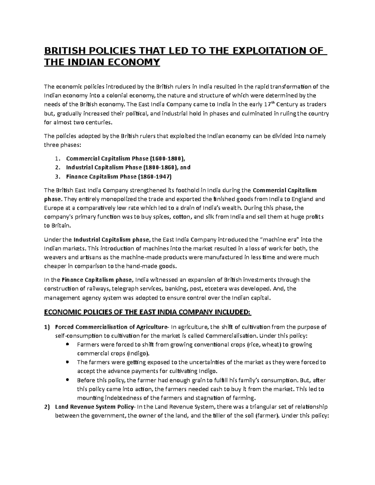 British Policies THAT LED TO THE Exploitation OF THE Indian Economy