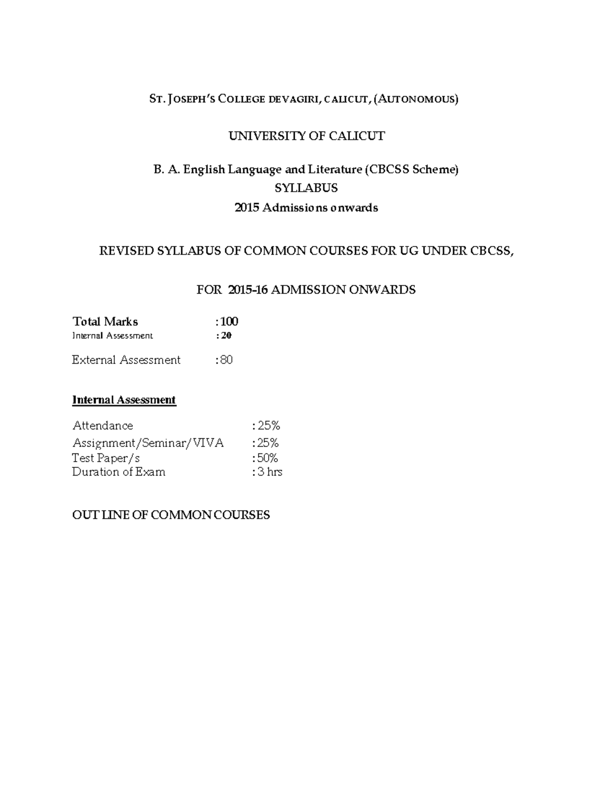 BA Syllabus 2015 - ST. JOSEPH’S COLLEGE DEVAGIRI, CALICUT, (AUTONOMOUS ...